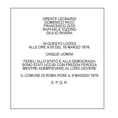 Via Fani. Potrebbe sorprendere l'assoluta mancanza di riferimenti a Moro. Ovviamente è chiaro che questa lapide non è dedicata alla memoria di Moro perché in quel punto hanno perso la vita gli uomini della sua scorta e non lui. Forse la presenza del nome 