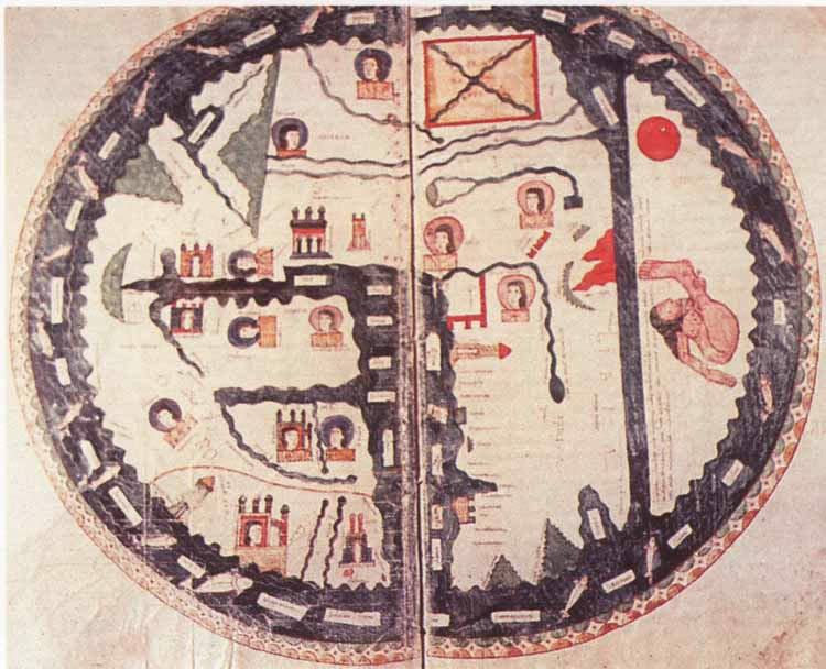 MAPPA MUNDI in BEATUS SUPER APOCALYPSIM. Navarra (?), 1086, manoscritto, inchiostro e colori su pergamena, 30 X 38 cm,. Burgo de Osma, Archivio de la Catedral, Cod. 1, fol.
    34v-35.