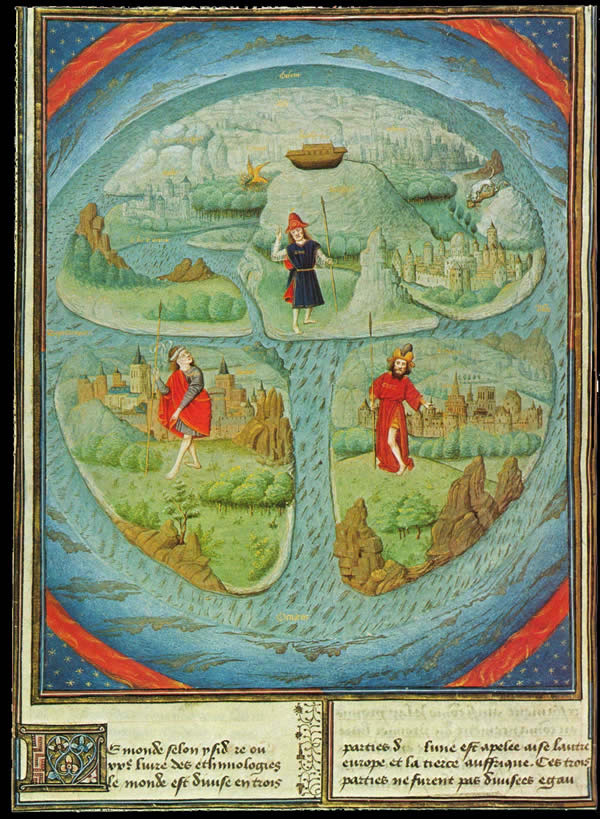 MAPPA MUNDI in JEAN MANSEL La Fleur des Histoires. Valenciennes, 1459-1463, manoscritto, penna, inchiostro e colori su pergamena, 30 X 22 cm (carta). Bruxelles, Bibliothèque
    Royale de Belgique, MS. 9231, fol. 281v. Mappa attribuita a Simom Marmion