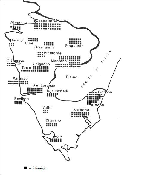 Da M.
  Bertosa, L’Istria Veneta nel Cinquecento e nel Seicento, «Atti del Centro di Ricerche Storiche di Rovigno», 8 (1976-1977), 148. Dal grafico risulta evidente come le prime ondate migratorie
  interessassero il nord della penisola, le zone di confine e le realtà strategiche da un punto di vista economico, come Capodistria e
  Montona.