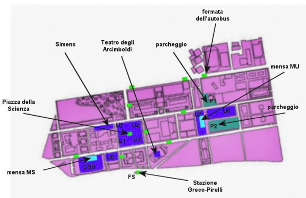 Figura 8. I cronotopi in blu, le fermate dei mezzi pubblici, inclusa la stazione ferroviaria, in verde chiaro e i parcheggi principali in verde
scuro.