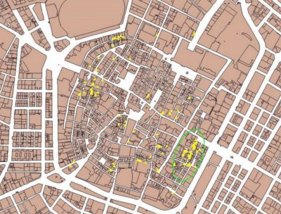 Figura 2. Pozzi con acqua impura, molto impura e impurissima (in verde è
  cerchiata l’area via Gallucci – Rua Pioppa).