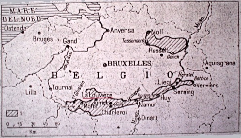 Carta delle miniere di carbone in Belgio. Fonte: F. Milone, Il carbone e l’emigrazione italiana in Belgio, in «Bollettino della Società Geografica Italiana», 8, 1949,
105. 