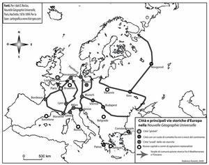 Città e principali vie storiche d'Europa nella Nouvelle Géographie Universelle - Foto 1 - Città e principali vie storiche d’Europa nella Nouvelle Géographie
Universelle (Federico Ferretti, 2009). Le principali strade, incrociando i nodi urbani, collegano i golfi del Mediterraneo all’Atlantico: questa parte dell’opera di Reclus anticipa per alcuni
aspetti l’idea braudeliana degli “istmi” europei.  