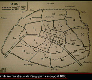 Fonte : L. Chevalier, La formation de la
population parisienne au XIXe siècle, Paris, Presses universitaires de France, 1950. Dal 1785 al 1860 Parigi era suddivisa in dodici arrondissement, in tutto l’intervento si farà riferimento a
questo tipo di divisione. Per una comparazione con i venti arrondissement che divisero successivamente la capitale, si veda la mappa. Cf. L. Chevalier, La formation de la population parisienne au
XIXe siècle, Paris, Presses universitaires de France, 1950. Le cartine geografiche che si allegano sono state create utilizzando il programma Google Earth, scaricabile da internet.